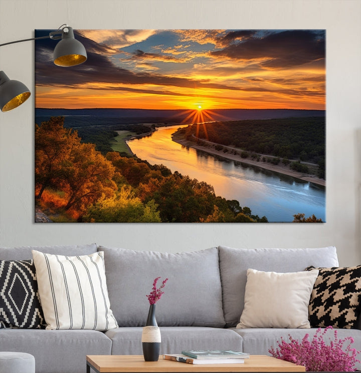 Mesmerizing Sunset Landscape Wall Art Green Meadow Nature Canvas Print Set of Print