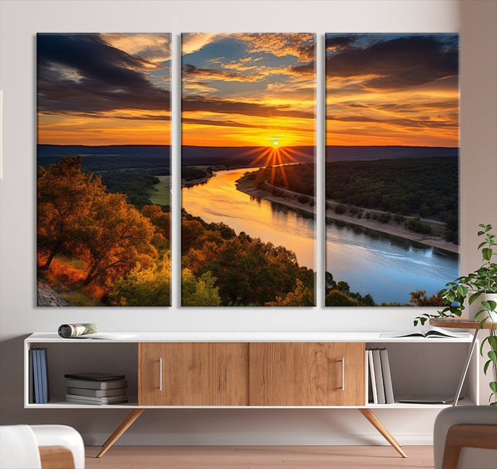 Mesmerizing Sunset Landscape Wall Art Green Meadow Nature Canvas Print Set of Print