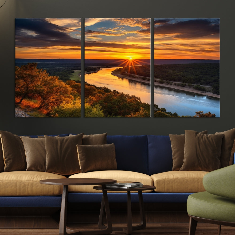 Mesmerizing Sunset Landscape Wall Art Green Meadow Nature Canvas Print Set of Print