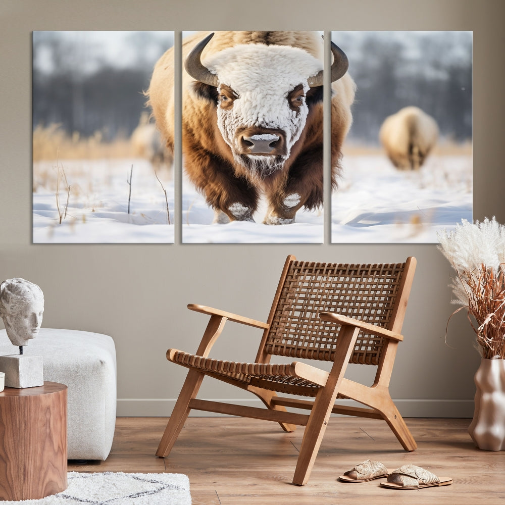 Mighty American Bison in the Snow Animal Canvas Wall Art PrintFramed