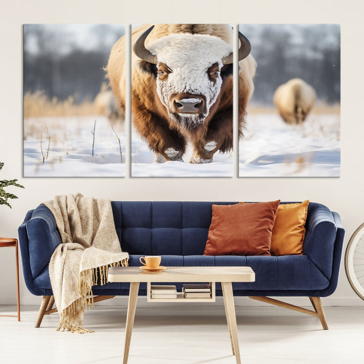 Mighty American Bison in the Snow Animal Canvas Wall Art PrintFramed