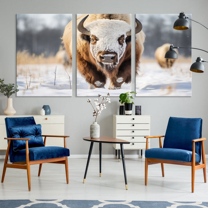 Mighty American Bison in the Snow Animal Canvas Wall Art PrintFramed