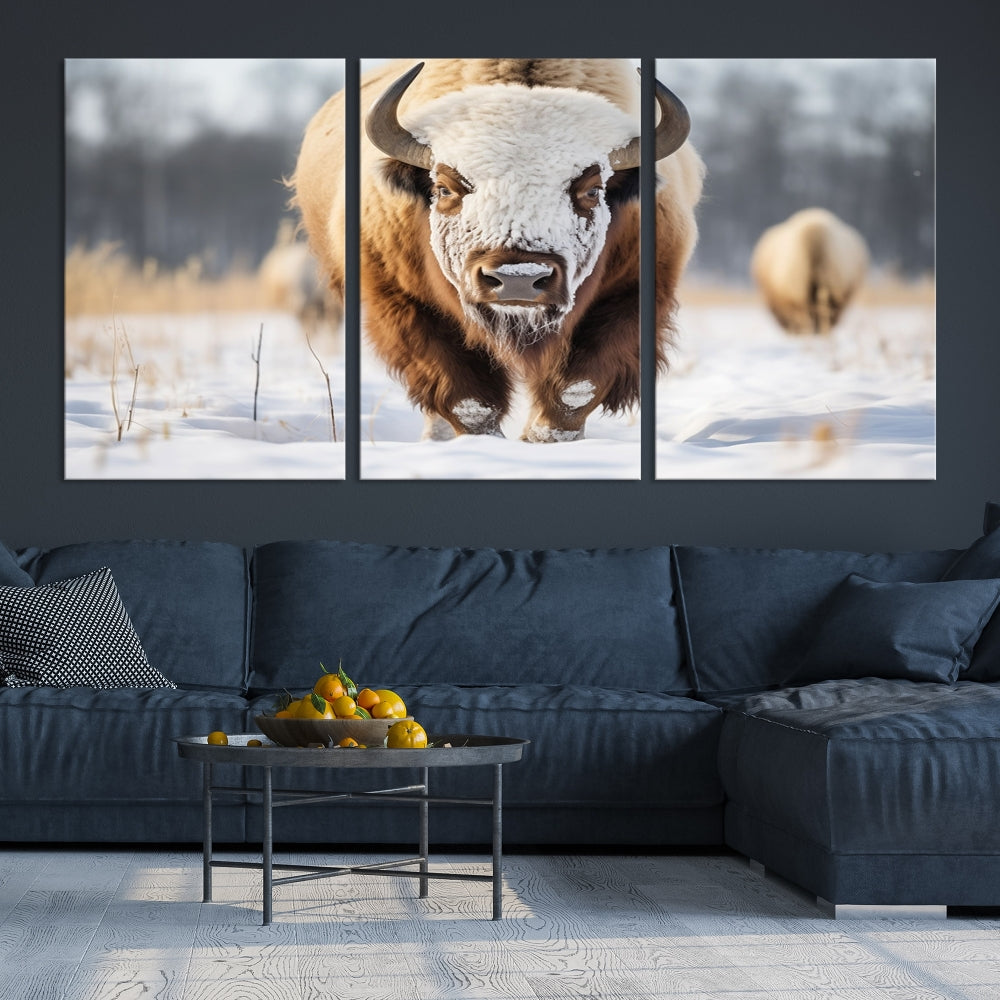 Mighty American Bison in the Snow Animal Canvas Wall Art PrintFramed