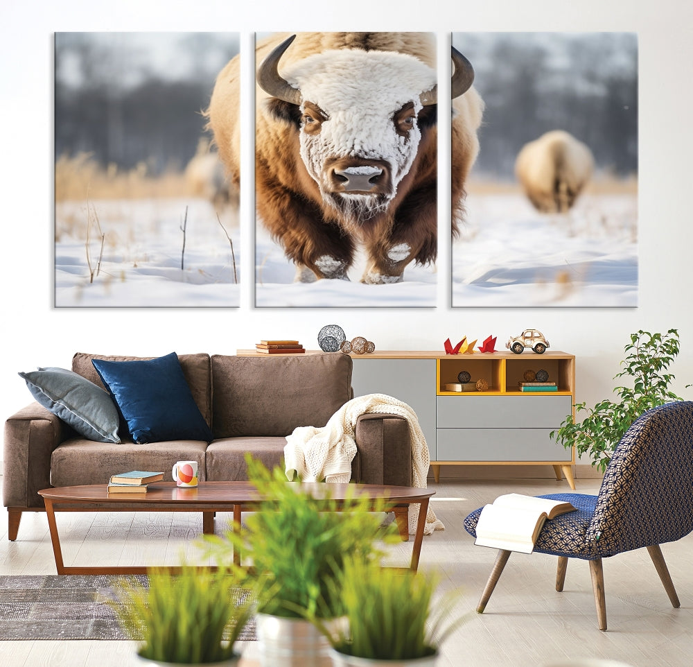 Mighty American Bison in the Snow Animal Canvas Wall Art PrintFramed