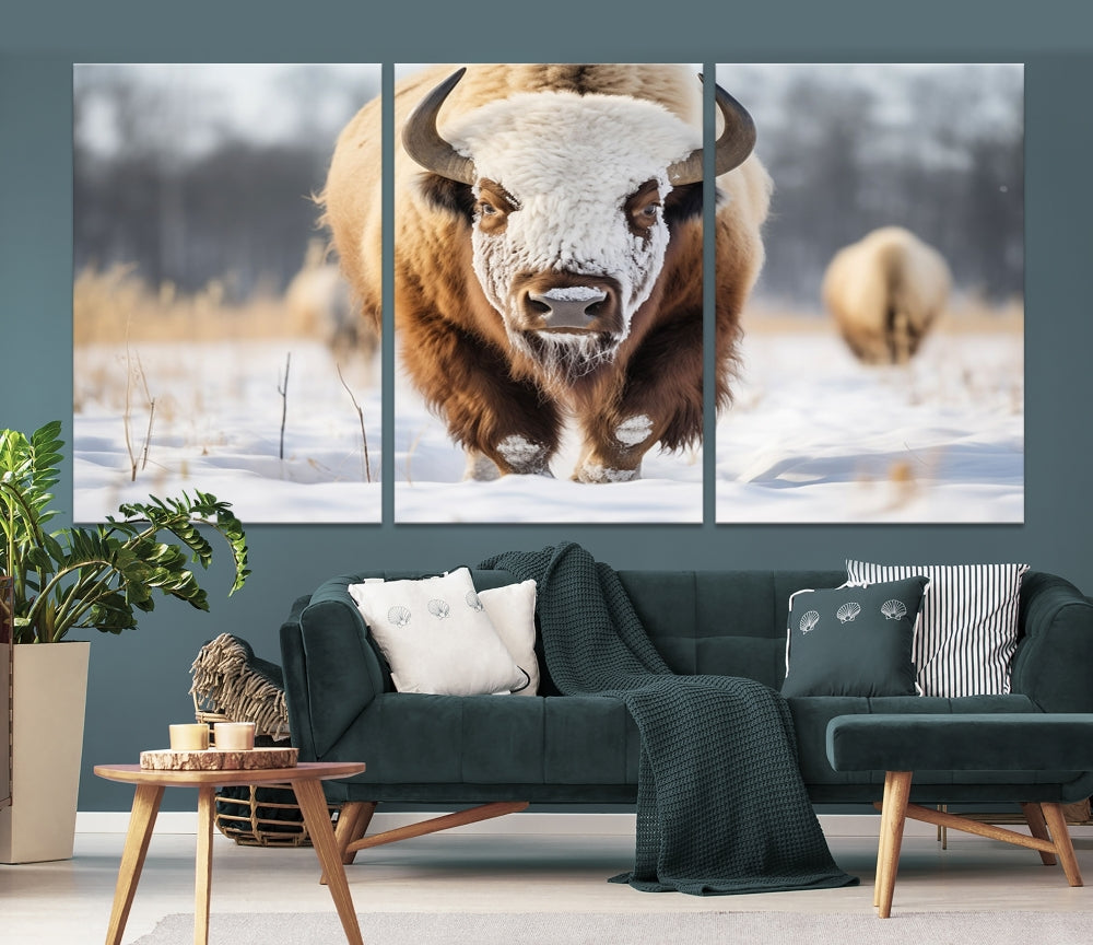 Mighty American Bison in the Snow Animal Canvas Wall Art PrintFramed