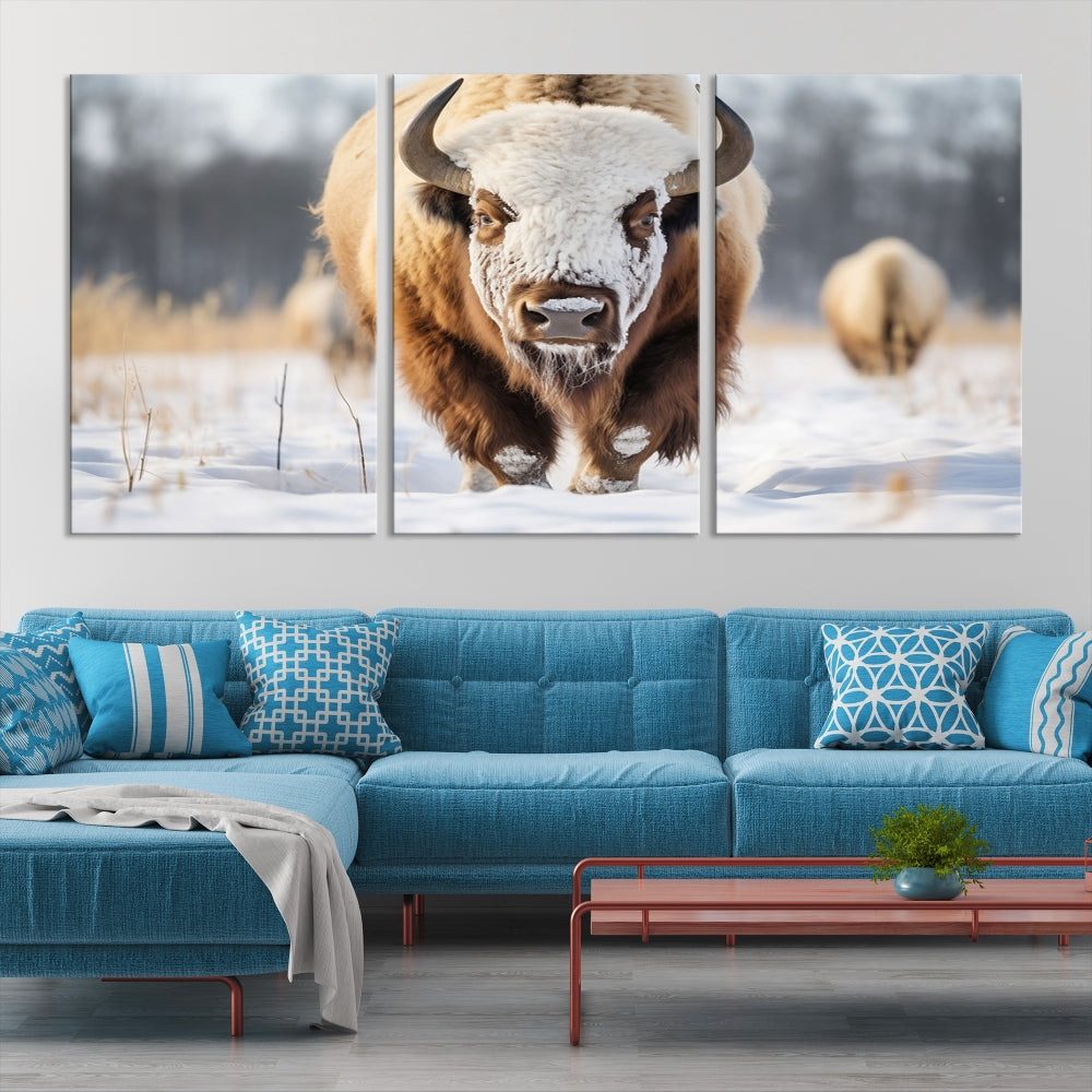 Mighty American Bison in the Snow Animal Canvas Wall Art PrintFramed