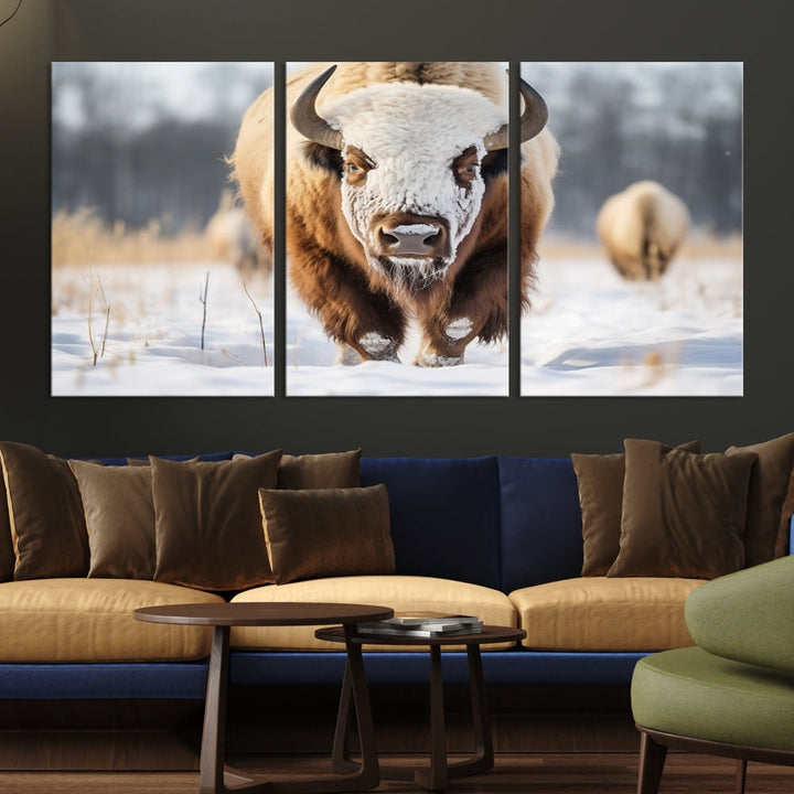 Mighty American Bison in the Snow Animal Canvas Wall Art PrintFramed