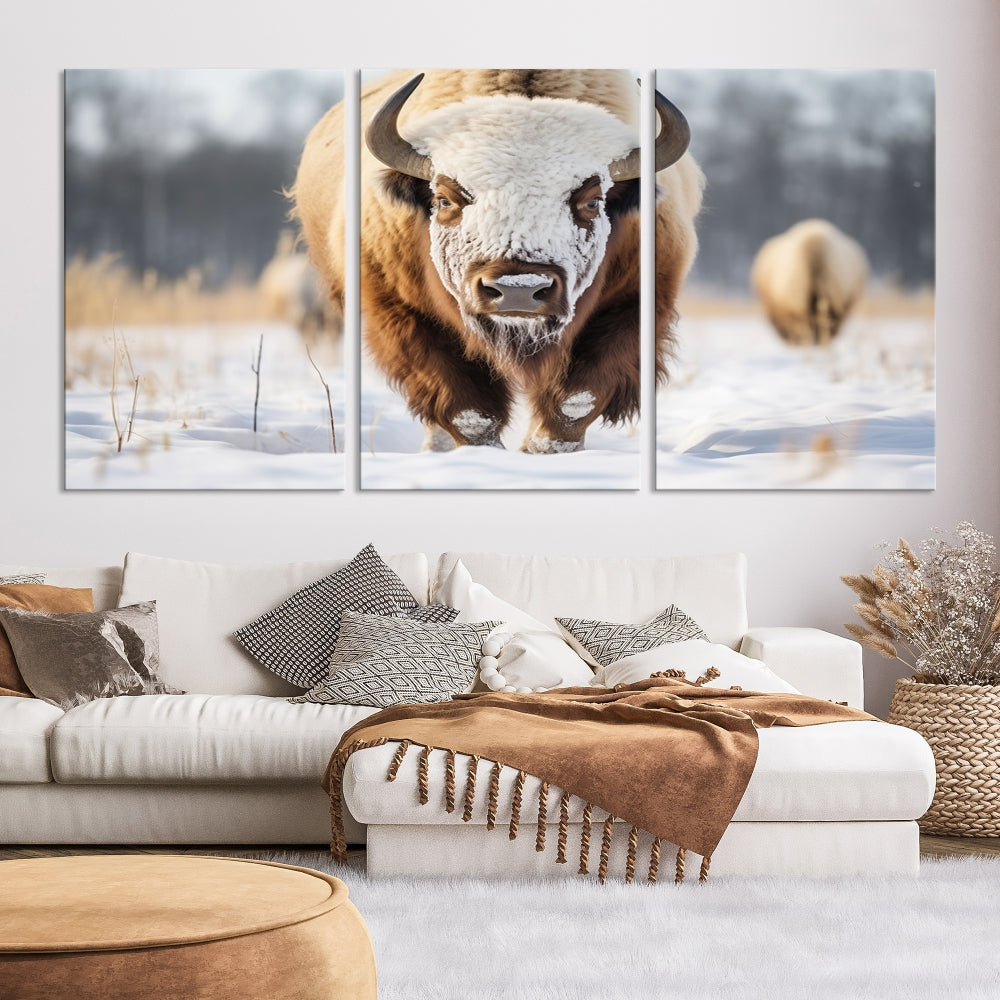 Mighty American Bison in the Snow Animal Canvas Wall Art PrintFramed