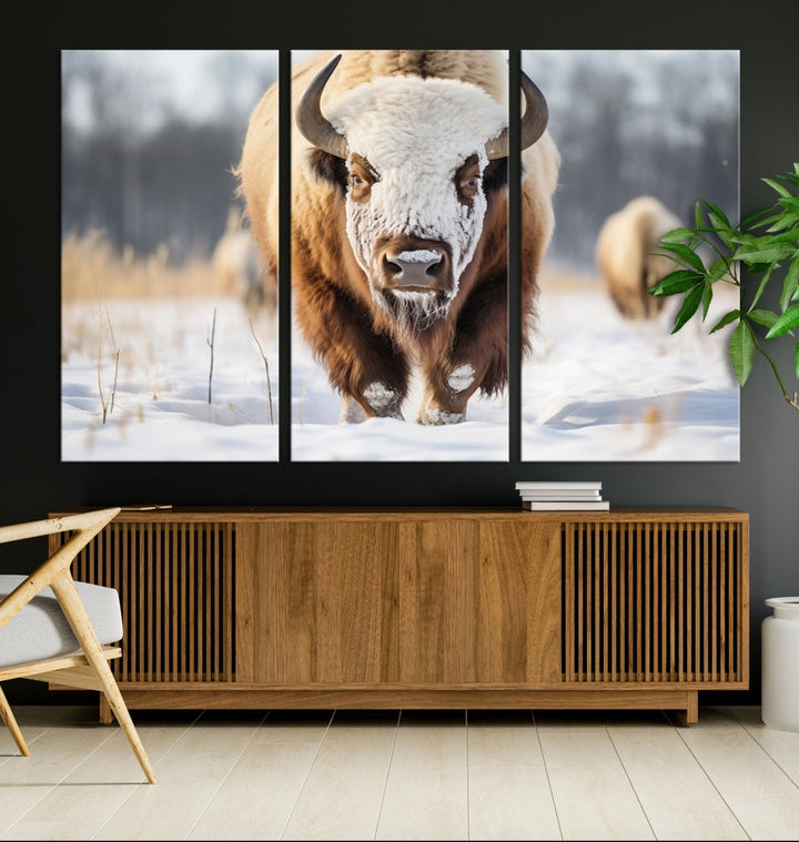 Mighty American Bison in the Snow Animal Canvas Wall Art PrintFramed