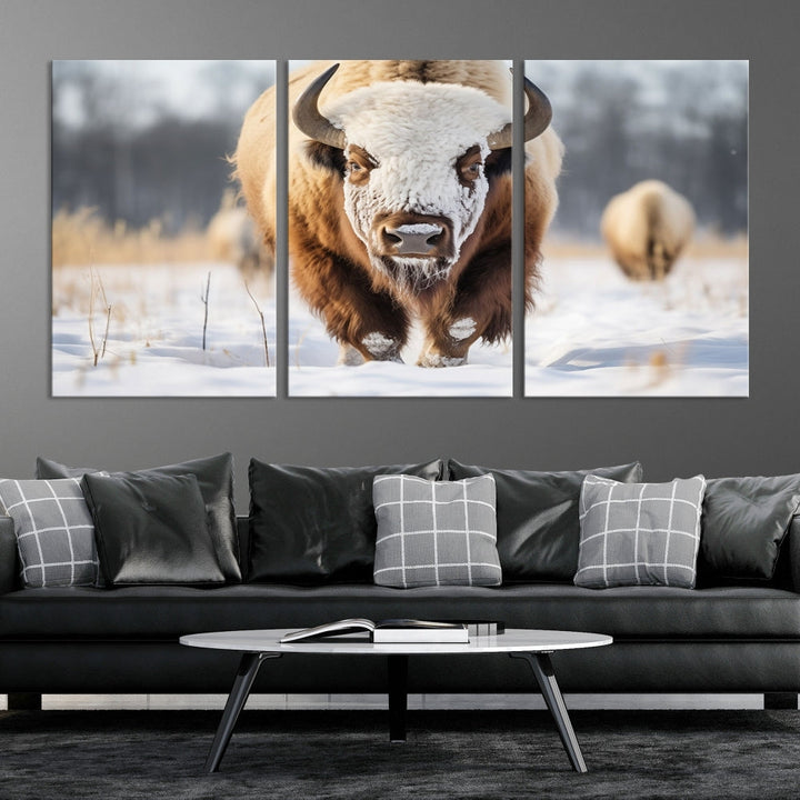 Mighty American Bison in the Snow Animal Canvas Wall Art PrintFramed