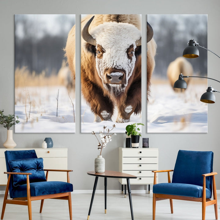 Mighty American Bison in the Snow Animal Canvas Wall Art PrintFramed