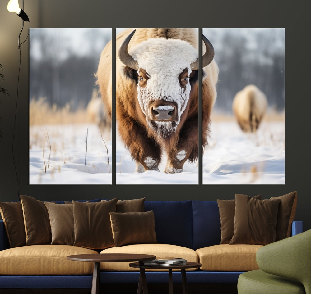 Mighty American Bison in the Snow Animal Canvas Wall Art PrintFramed