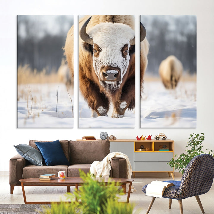 Mighty American Bison in the Snow Animal Canvas Wall Art PrintFramed