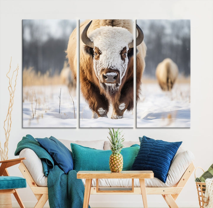 Mighty American Bison in the Snow Animal Canvas Wall Art PrintFramed