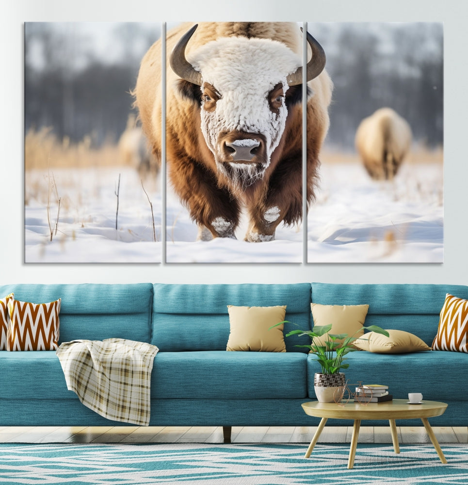 Mighty American Bison in the Snow Animal Canvas Wall Art PrintFramed