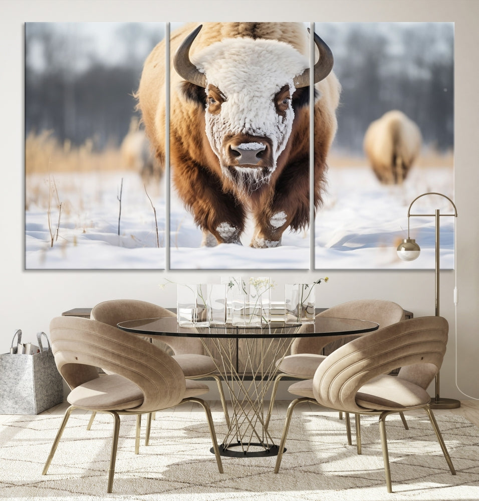 Mighty American Bison in the Snow Animal Canvas Wall Art PrintFramed