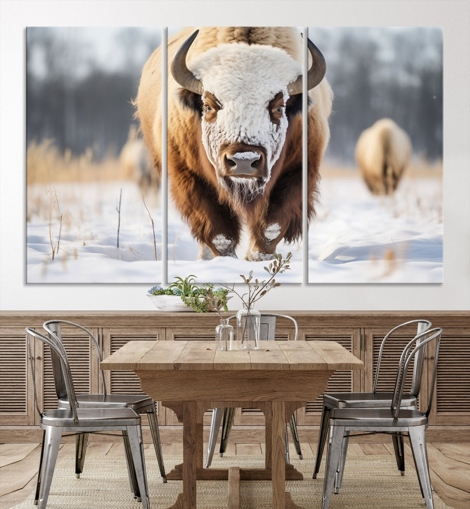 Mighty American Bison in the Snow Animal Canvas Wall Art PrintFramed