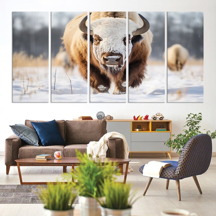 Mighty American Bison in the Snow Animal Canvas Wall Art PrintFramed