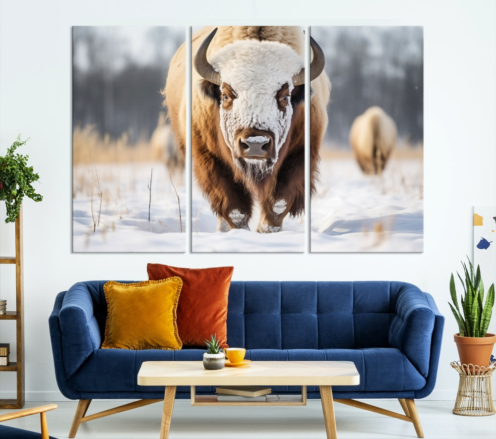 Mighty American Bison in the Snow Animal Canvas Wall Art PrintFramed