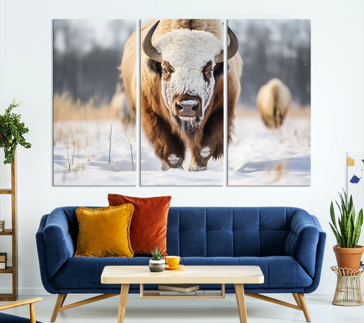 Mighty American Bison in the Snow Animal Canvas Wall Art PrintFramed