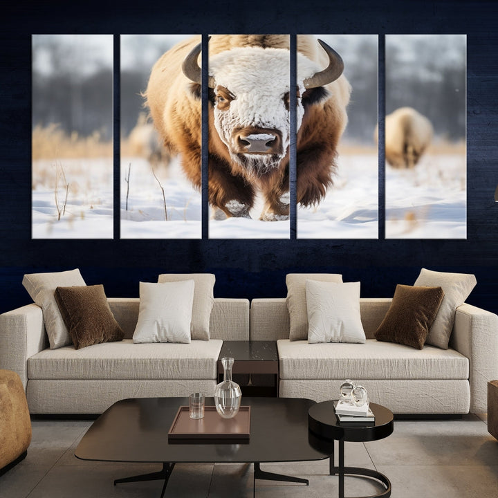 Mighty American Bison in the Snow Animal Canvas Wall Art PrintFramed