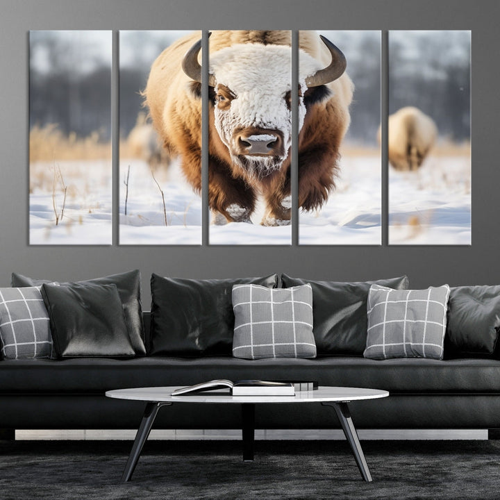 Mighty American Bison in the Snow Animal Canvas Wall Art PrintFramed