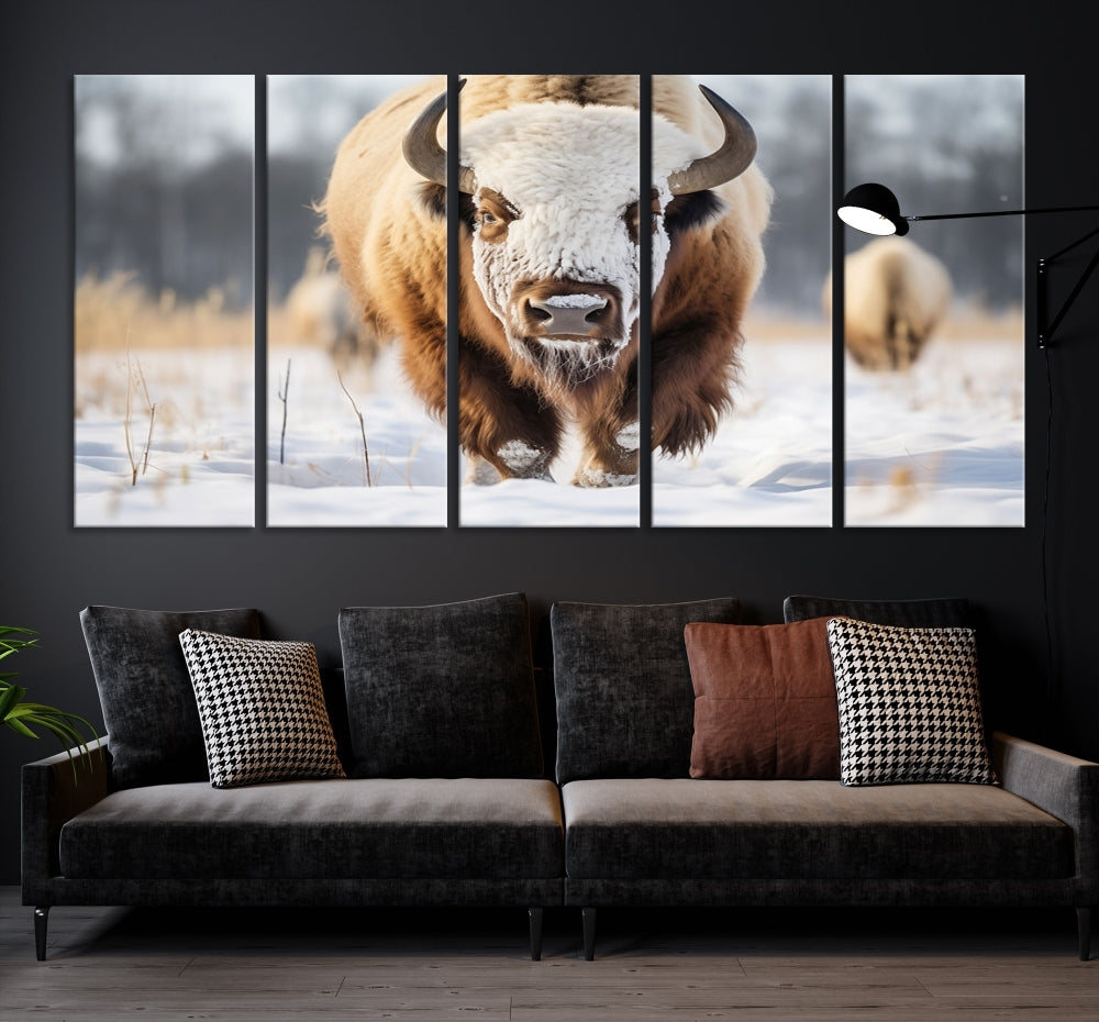 Mighty American Bison in the Snow Animal Canvas Wall Art PrintFramed