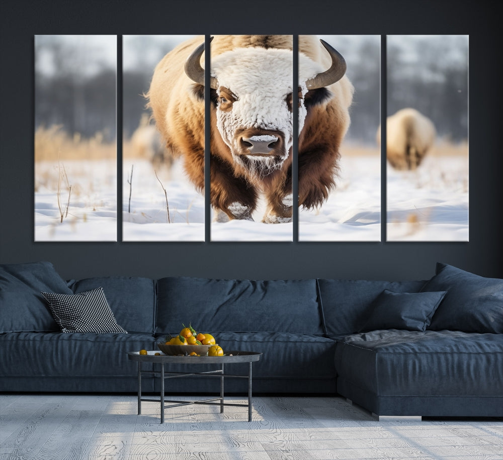 Mighty American Bison in the Snow Animal Canvas Wall Art PrintFramed