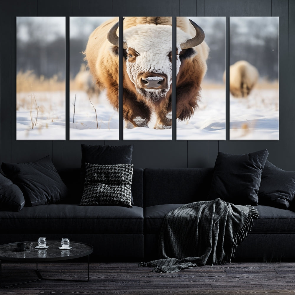 Mighty American Bison in the Snow Animal Canvas Wall Art PrintFramed