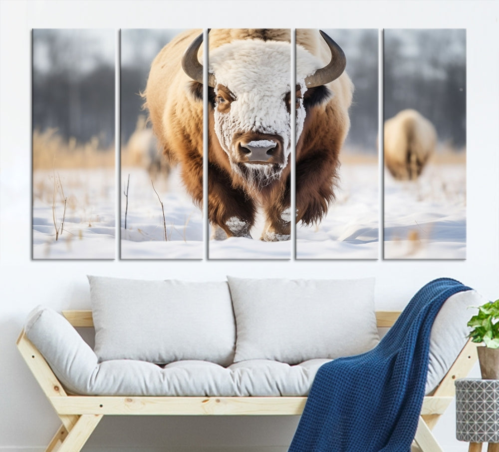 Mighty American Bison in the Snow Animal Canvas Wall Art PrintFramed