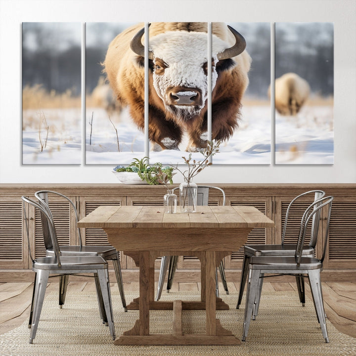 Mighty American Bison in the Snow Animal Canvas Wall Art PrintFramed