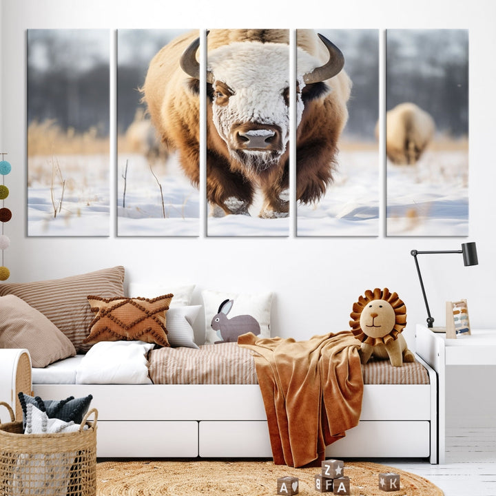 Mighty American Bison in the Snow Animal Canvas Wall Art PrintFramed