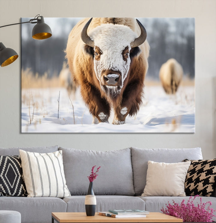 Mighty American Bison in the Snow Animal Canvas Wall Art PrintFramed