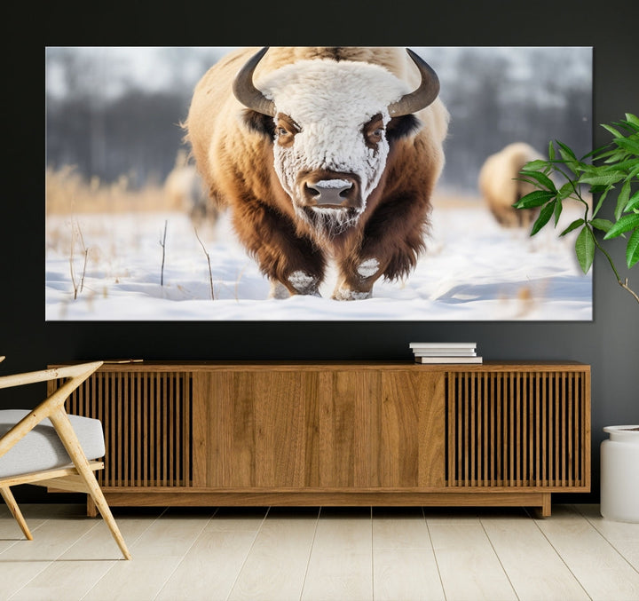 Mighty American Bison in the Snow Animal Canvas Wall Art PrintFramed