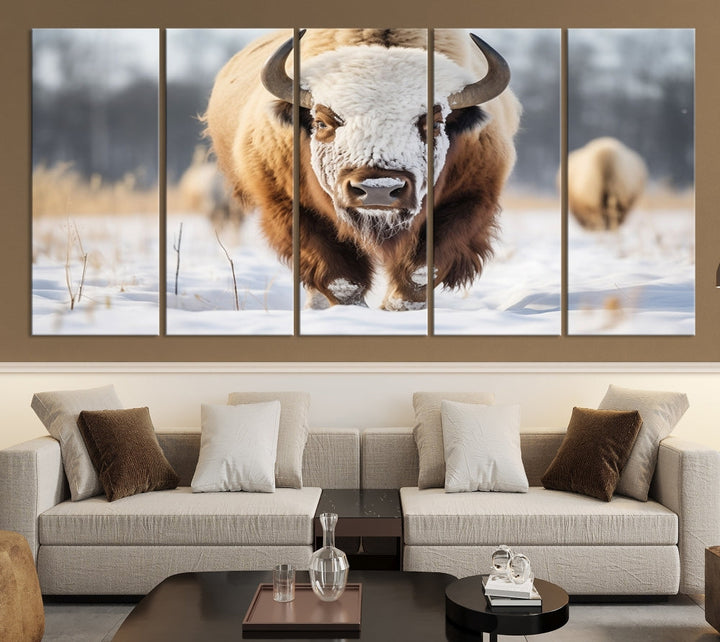 Mighty American Bison in the Snow Animal Canvas Wall Art PrintFramed