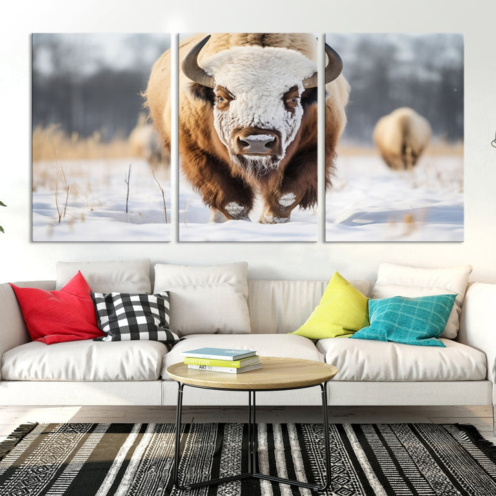 Mighty American Bison in the Snow Animal Canvas Wall Art PrintFramed