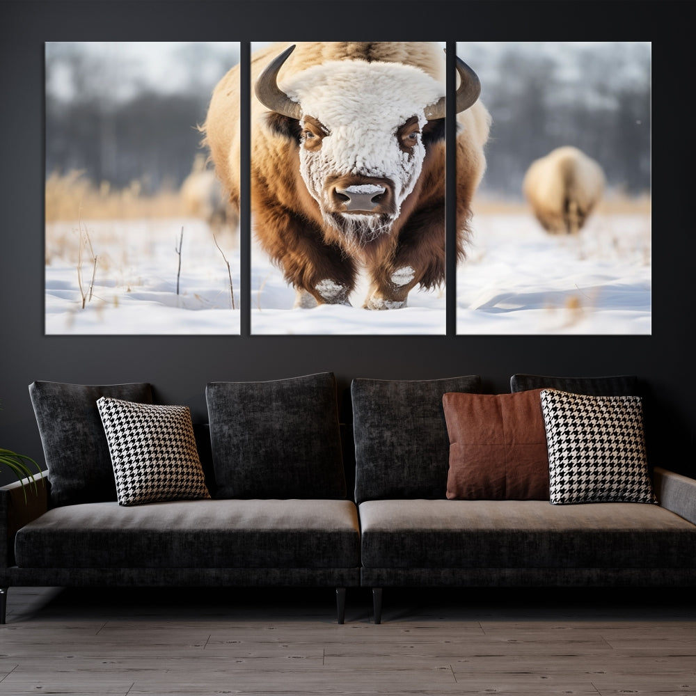 Mighty American Bison in the Snow Animal Canvas Wall Art PrintFramed