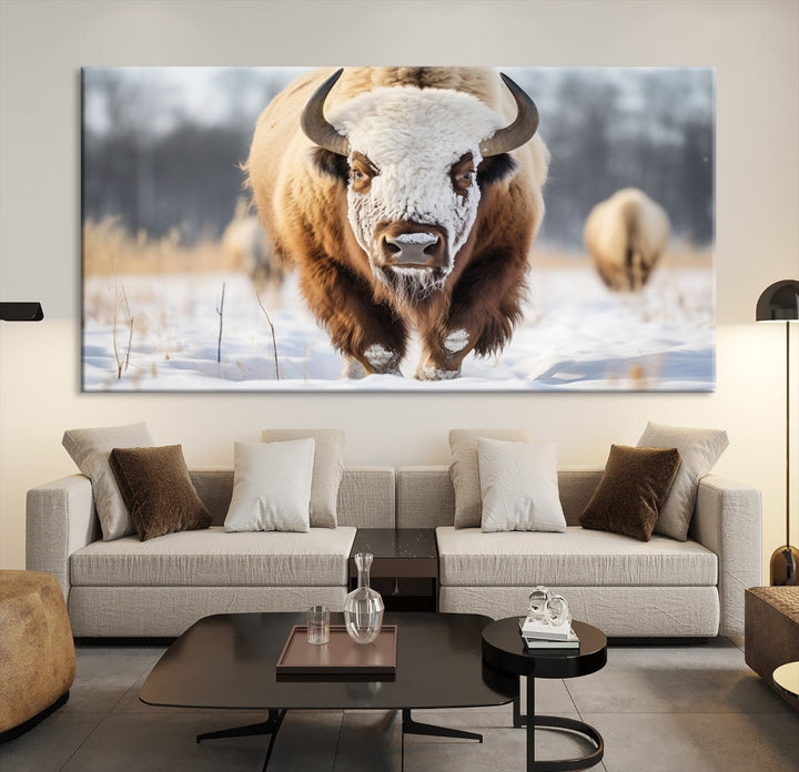 Mighty American Bison in the Snow Animal Canvas Wall Art PrintFramed