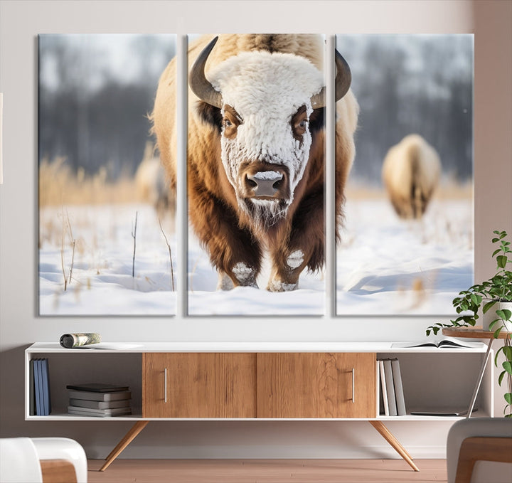 Mighty American Bison in the Snow Animal Canvas Wall Art PrintFramed