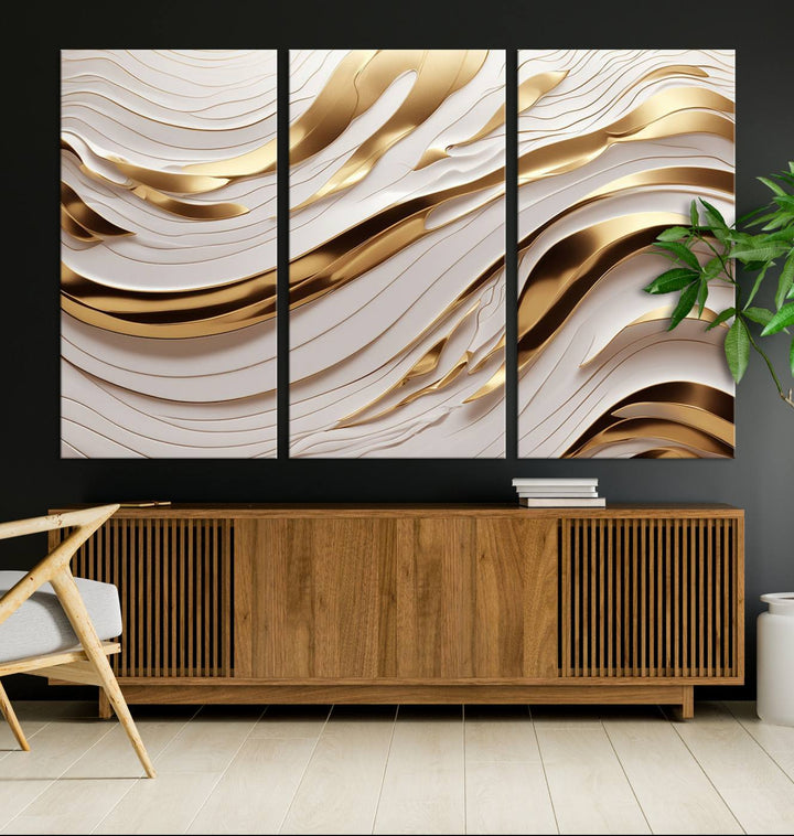 Modern Abstract Gold and White Canvas Wall Art Print - Multi Panel Contemporary Luxury Wall Art Canvas Print for Living Room or Office, Ready to Hang