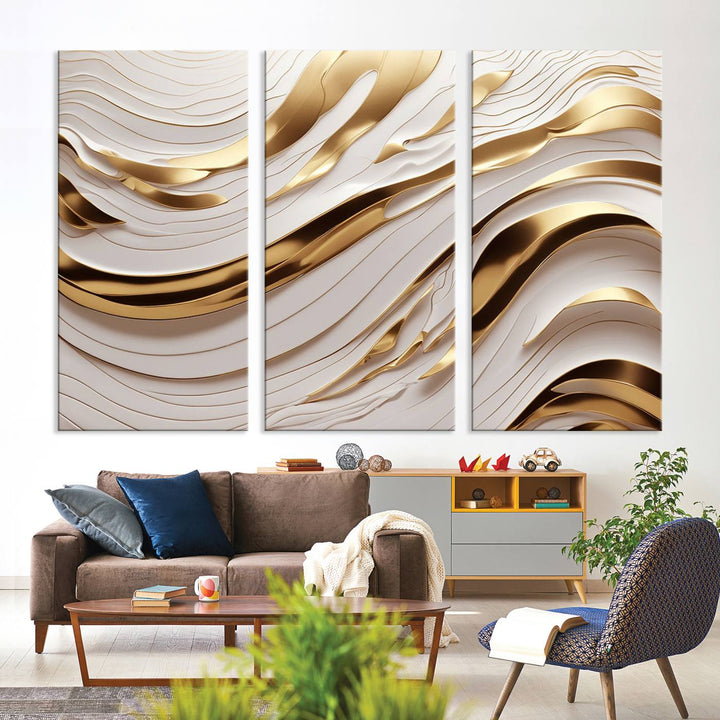 Modern Abstract Gold and White Canvas Wall Art Print - Multi Panel Contemporary Luxury Wall Art Canvas Print for Living Room or Office, Ready to Hang