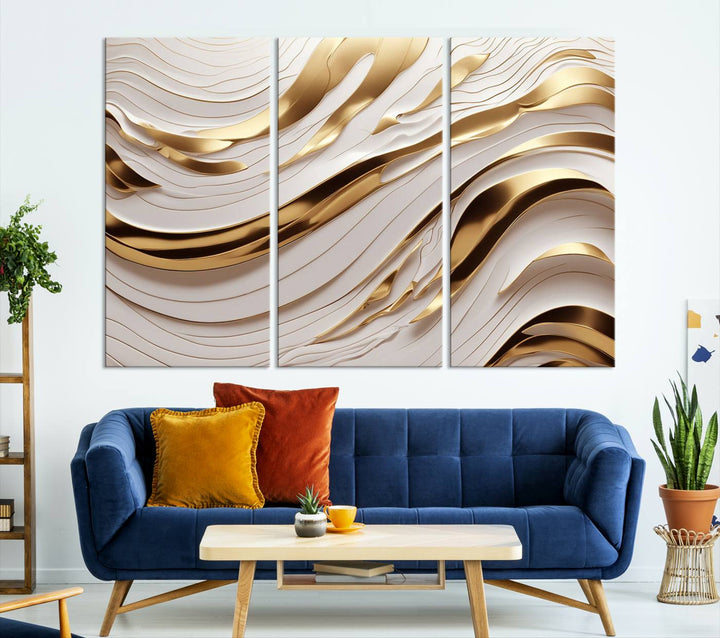 Modern Abstract Gold and White Canvas Wall Art Print - Multi Panel Contemporary Luxury Wall Art Canvas Print for Living Room or Office, Ready to Hang