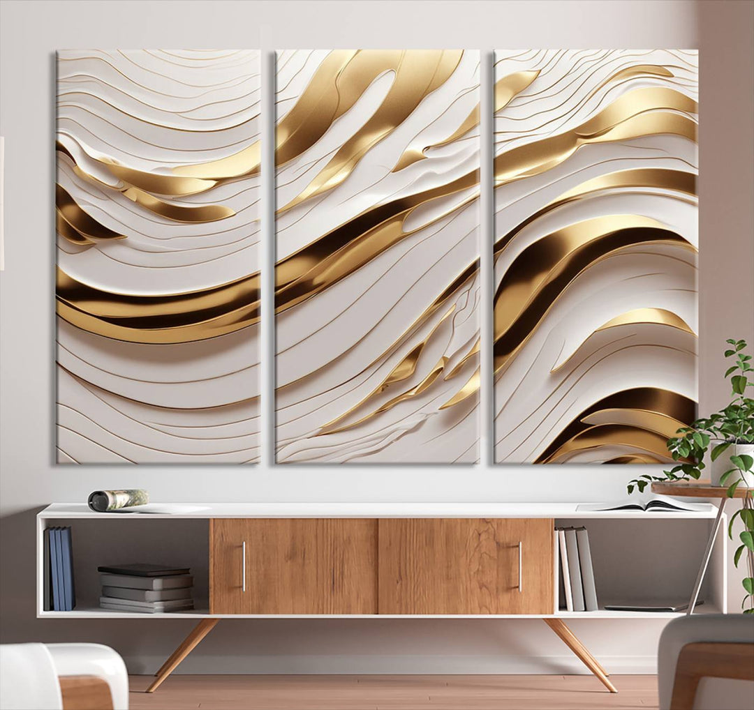 Modern Abstract Gold and White Canvas Wall Art Print - Multi Panel Contemporary Luxury Wall Art Canvas Print for Living Room or Office, Ready to Hang