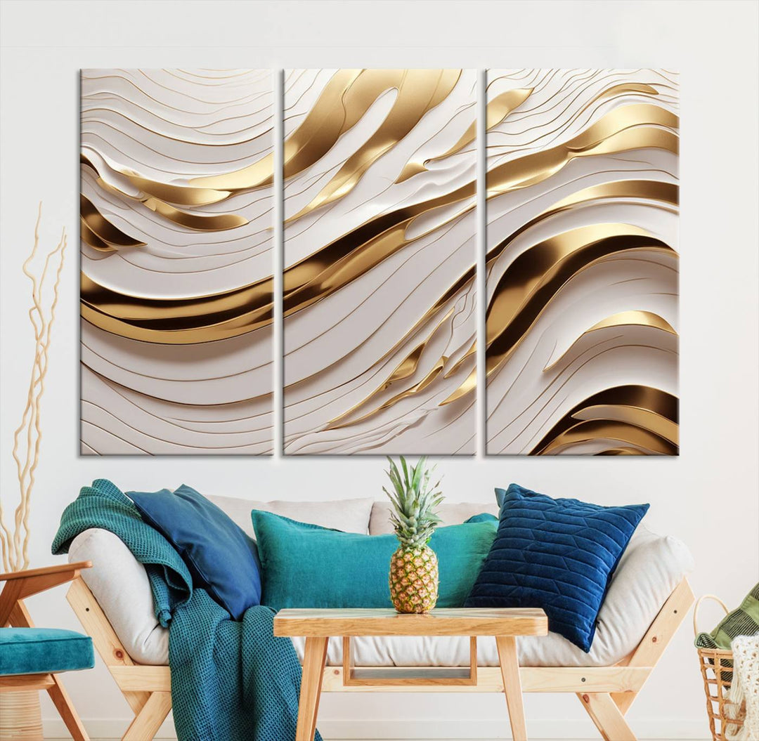 Modern Abstract Gold and White Canvas Wall Art Print - Multi Panel Contemporary Luxury Wall Art Canvas Print for Living Room or Office, Ready to Hang