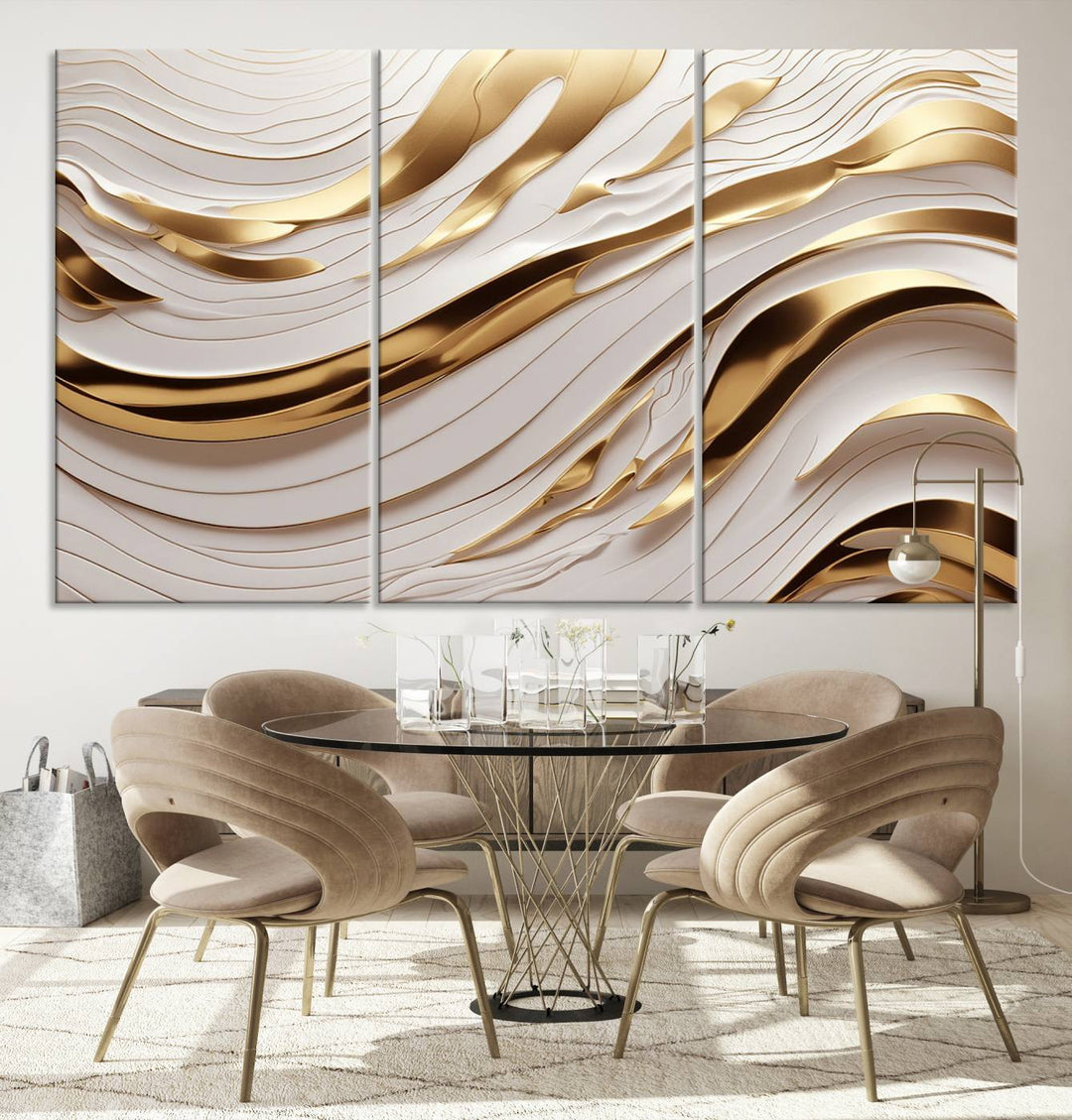 Modern Abstract Gold and White Canvas Wall Art Print - Multi Panel Contemporary Luxury Wall Art Canvas Print for Living Room or Office, Ready to Hang