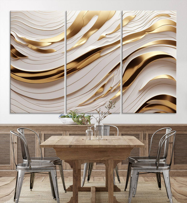 Modern Abstract Gold and White Canvas Wall Art Print - Multi Panel Contemporary Luxury Wall Art Canvas Print for Living Room or Office, Ready to Hang