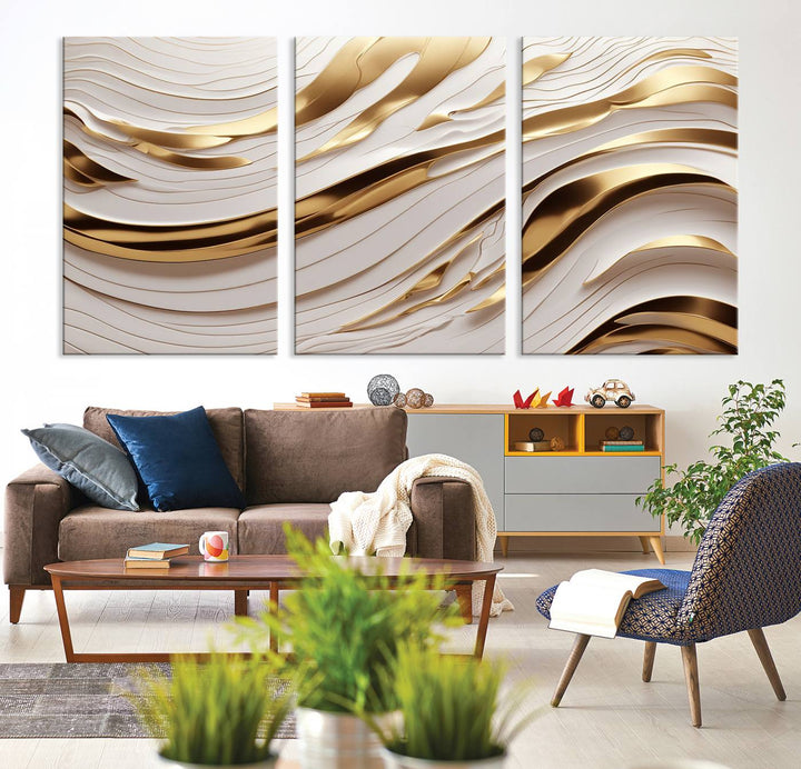 Modern Abstract Gold and White Canvas Wall Art Print - Multi Panel Contemporary Luxury Wall Art Canvas Print for Living Room or Office, Ready to Hang