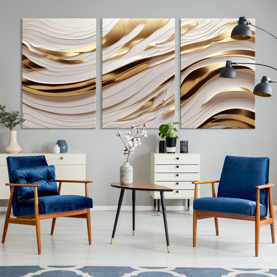 Modern Abstract Gold and White Canvas Wall Art Print - Multi Panel Contemporary Luxury Wall Art Canvas Print for Living Room or Office, Ready to Hang