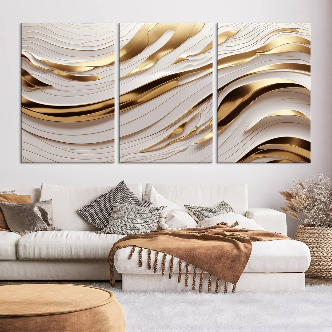 Modern Abstract Gold and White Canvas Wall Art Print - Multi Panel Contemporary Luxury Wall Art Canvas Print for Living Room or Office, Ready to Hang