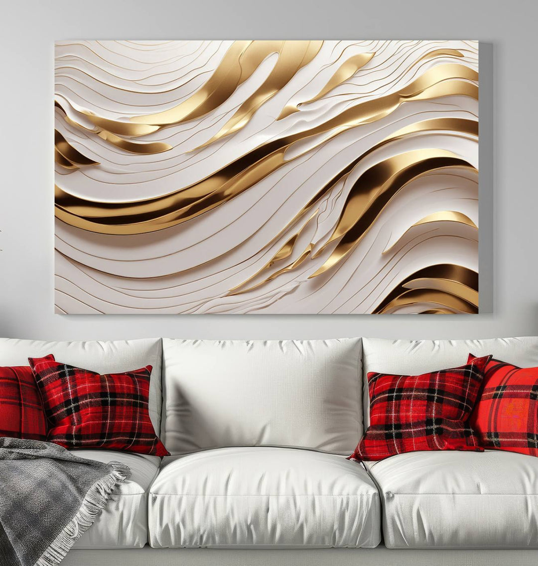 Modern Abstract Gold and White Canvas Wall Art Print - Multi Panel Contemporary Luxury Wall Art Canvas Print for Living Room or Office, Ready to Hang